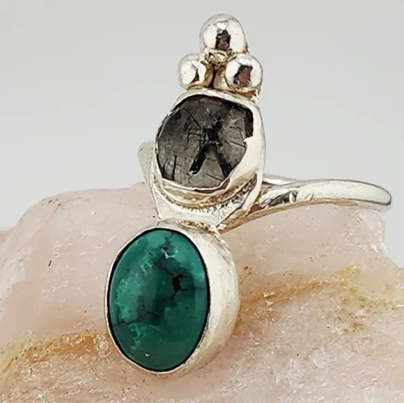 TURQUOISE & RUTILATED QUARTZ HANDMADE RING IN STERLING SILVER METAL SIZE 7 - Picture 7 of 10